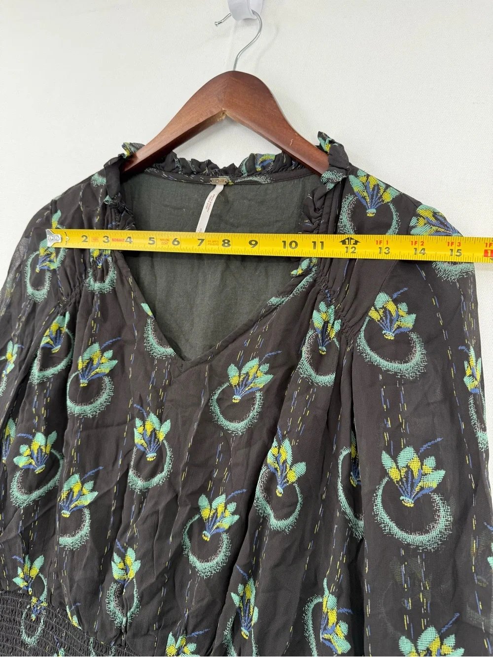 Free People Printed Smocked Mini Dress S Black Floral Sheer Long Sleeve Boho